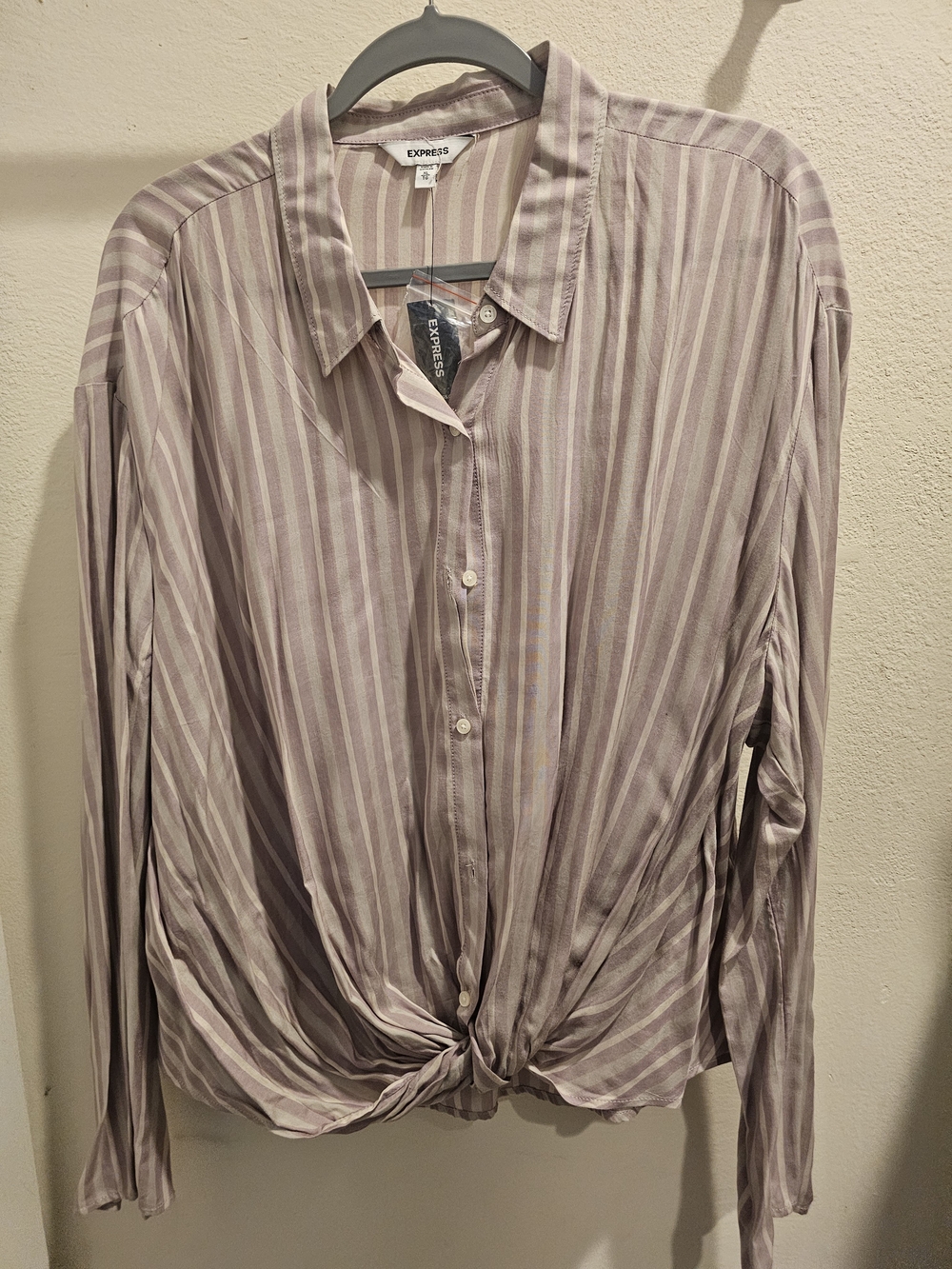 Express Lavender and White Striped Button-Front Tie Hem Shirt